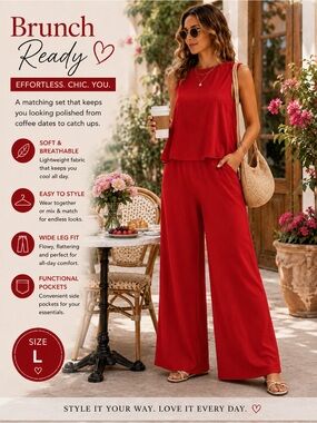Red Sleeveless Wide Leg Pants 2 Piece Matching Set L